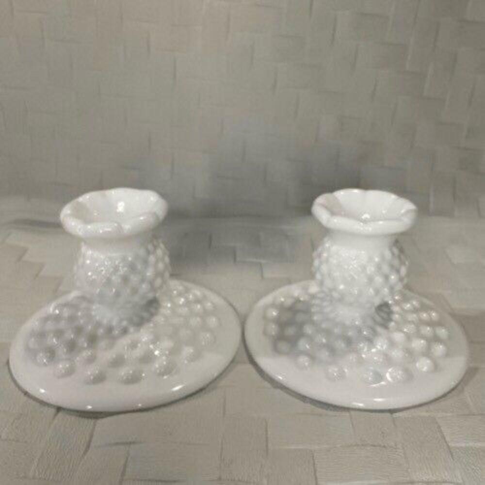 VTGβFenton Hobnail 2 Piece Candle Holder Set White Milk Glass Romantic Gift 3" T